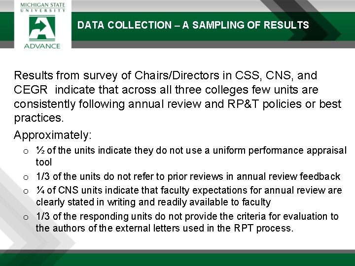 DATA COLLECTION – A SAMPLING OF RESULTS Results from survey of Chairs/Directors in CSS,