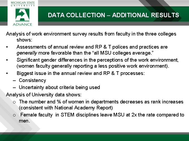 DATA COLLECTION – ADDITIONAL RESULTS Analysis of work environment survey results from faculty in