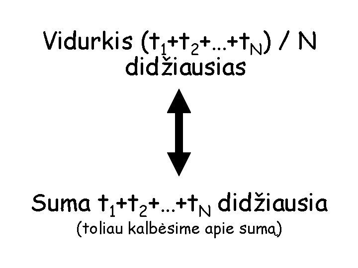 Vidurkis (t 1+t 2+…+t. N) / N didžiausias Suma t 1+t 2+…+t. N didžiausia