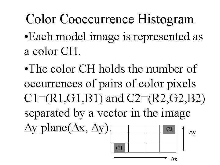 Color Cooccurrence Histogram • Each model image is represented as a color CH. • Color Cooccurrence Histogram • Each model image is represented as a color CH. •