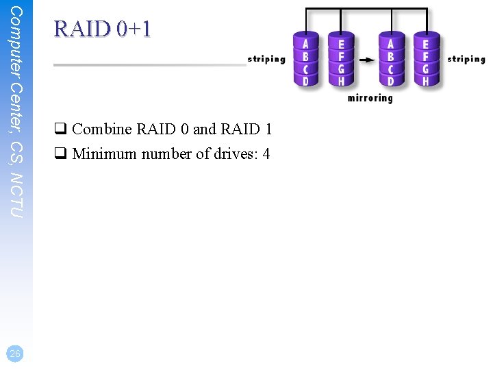 Computer Center, CS, NCTU 26 RAID 0+1 q Combine RAID 0 and RAID 1