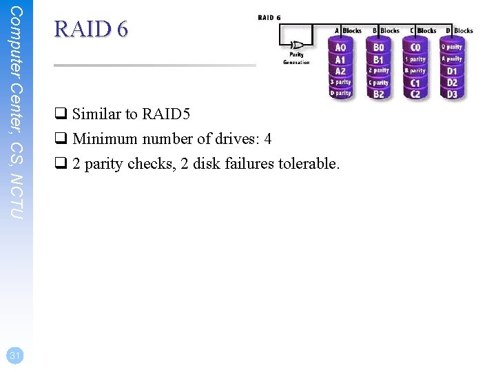 Computer Center, CS, NCTU 31 RAID 6 q Similar to RAID 5 q Minimum