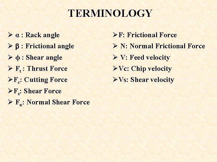 TERMINOLOGY Ø α : Rack angle ØF: Frictional Force Ø b : Frictional angle