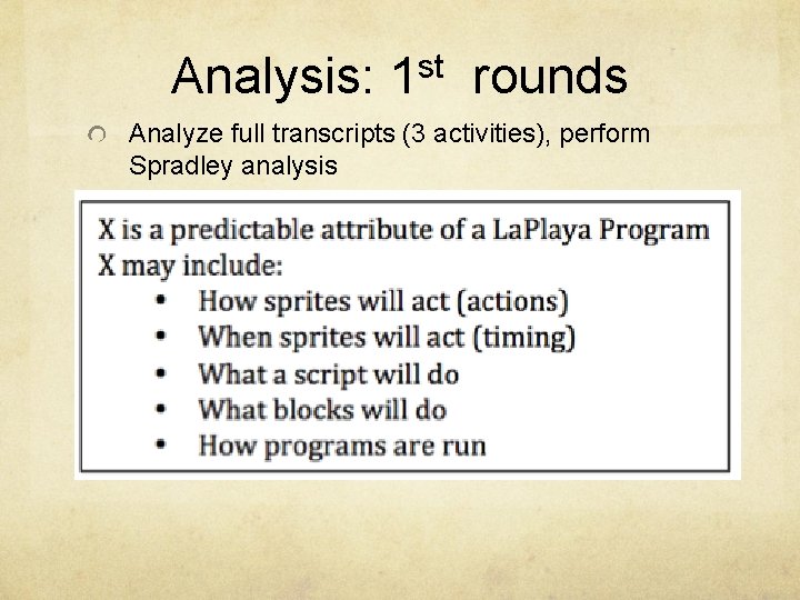 Analysis: st 1 rounds Analyze full transcripts (3 activities), perform Spradley analysis 