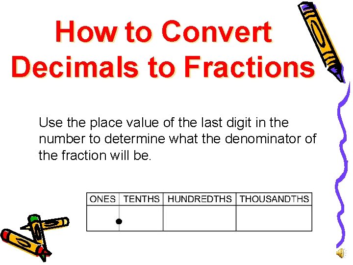 How to Convert Decimals to Fractions Use the place value of the last digit