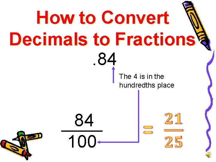 How to Convert Decimals to Fractions. 84 The 4 is in the hundredths place