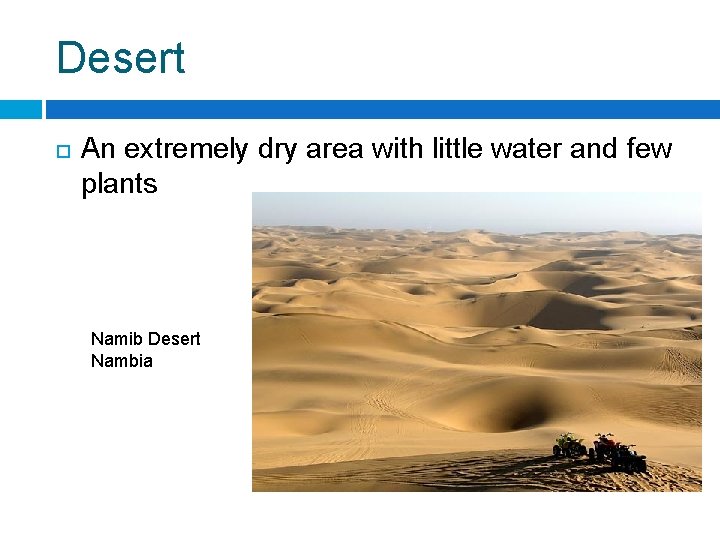 Desert An extremely dry area with little water and few plants Namib Desert Nambia