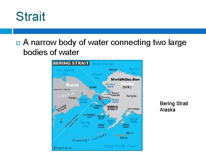 Strait A narrow body of water connecting two large bodies of water Bering Strait
