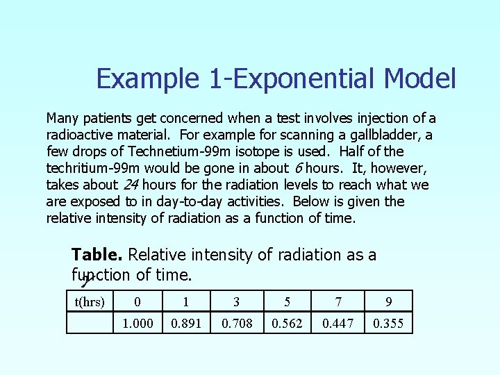 Example 1 -Exponential Model Many patients get concerned when a test involves injection of