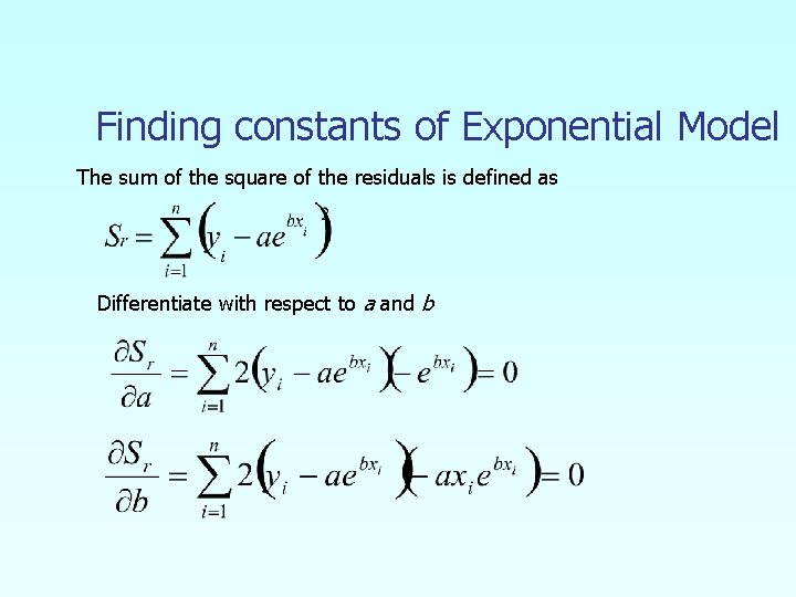 Finding constants of Exponential Model The sum of the square of the residuals is