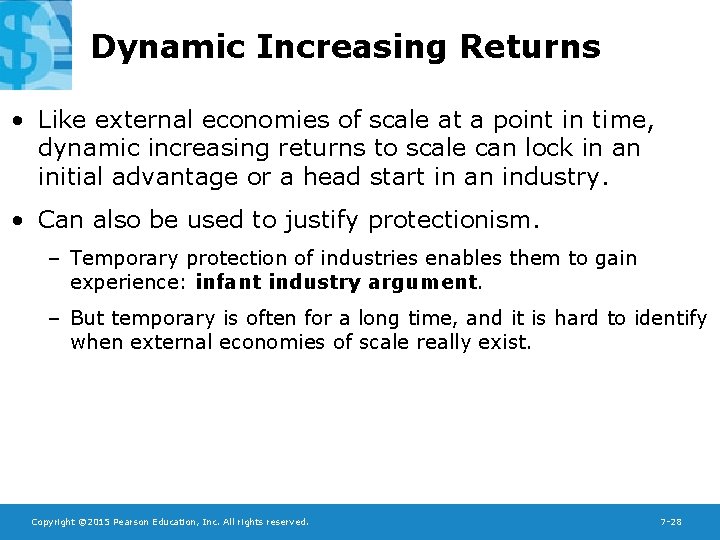 Dynamic Increasing Returns • Like external economies of scale at a point in time,