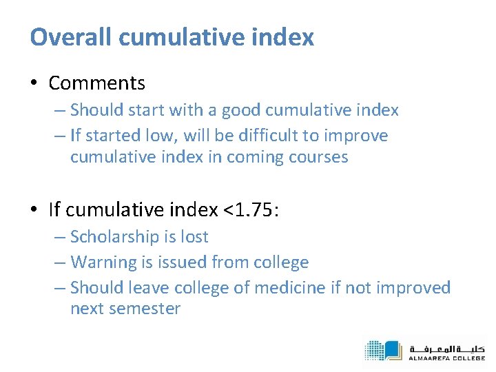 Overall cumulative index • Comments – Should start with a good cumulative index –
