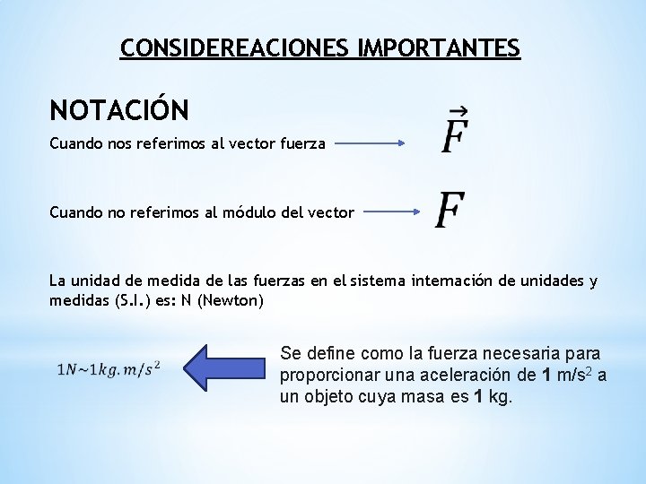 CONSIDEREACIONES IMPORTANTES NOTACIÓN Cuando nos referimos al vector fuerza Cuando no referimos al módulo