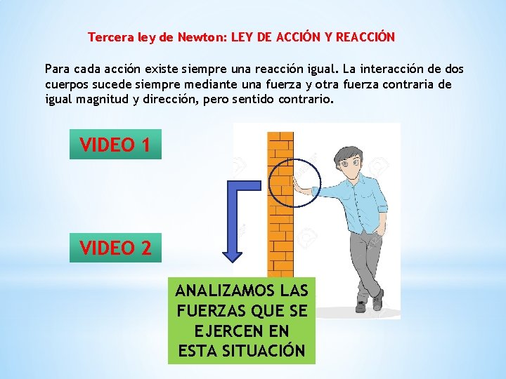 Tercera ley de Newton: LEY DE ACCIÓN Y REACCIÓN Para cada acción existe siempre