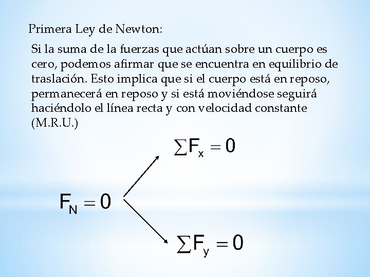 Primera Ley de Newton: Si la suma de la fuerzas que actúan sobre un