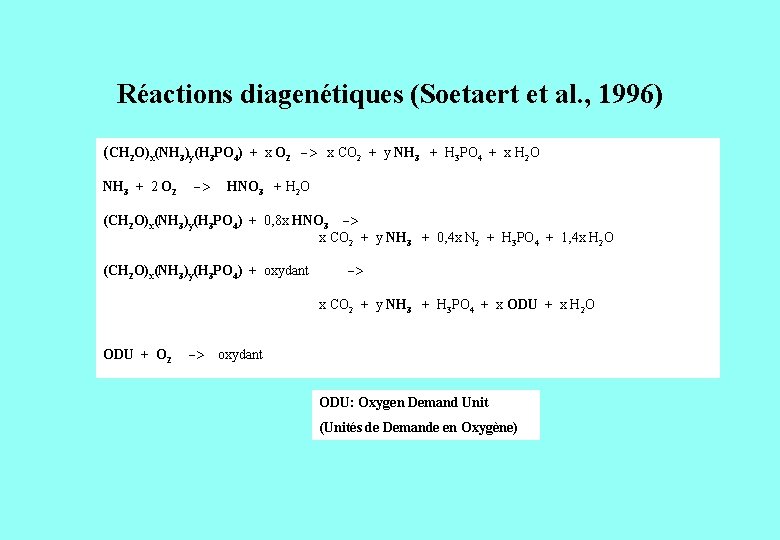 Réactions diagenétiques (Soetaert et al. , 1996) (CH 2 O)x(NH 3)y(H 3 PO 4)