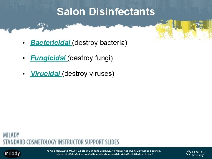 Salon Disinfectants • Bactericidal (destroy bacteria) • Fungicidal (destroy fungi) • Virucidal (destroy viruses)