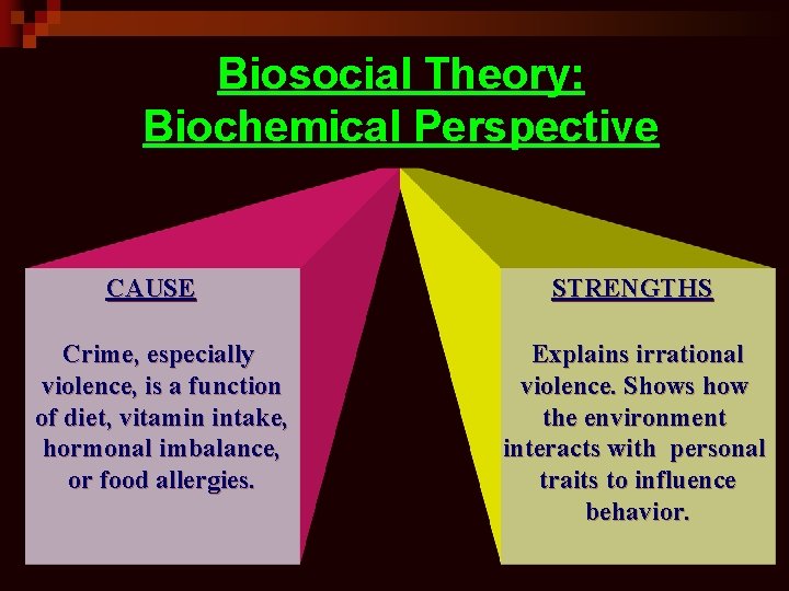 Biosocial Theory: Biochemical Perspective CAUSE Crime, especially violence, is a function of diet, vitamin