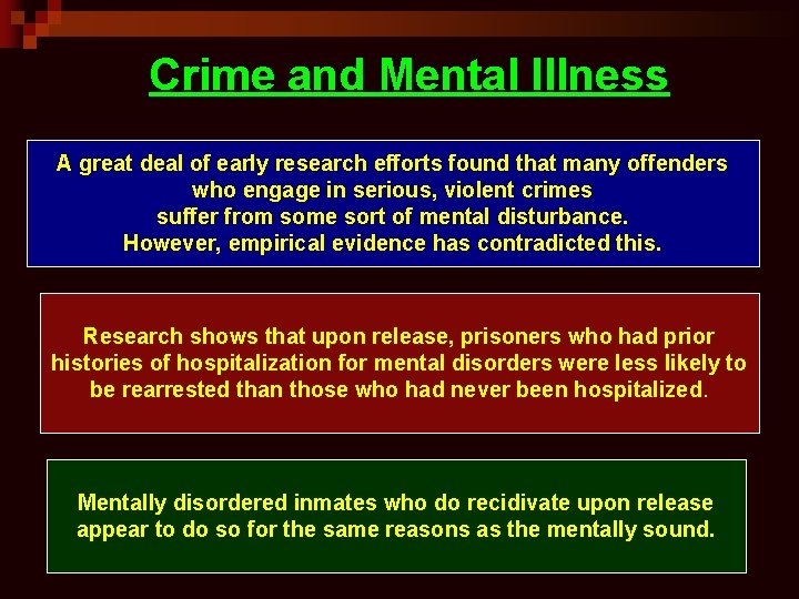 Crime and Mental Illness A great deal of early research efforts found that many