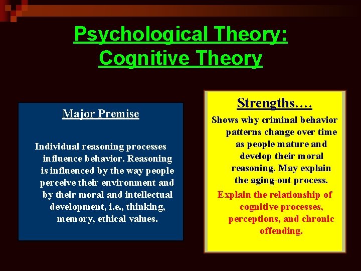 Psychological Theory: Cognitive Theory Major Premise Individual reasoning processes influence behavior. Reasoning is influenced