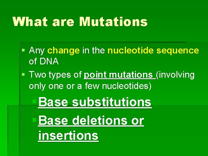 What are Mutations § Any change in the nucleotide sequence of DNA § Two