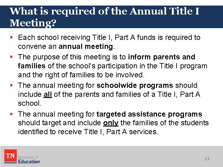 What is required of the Annual Title I Meeting? § Each school receiving Title