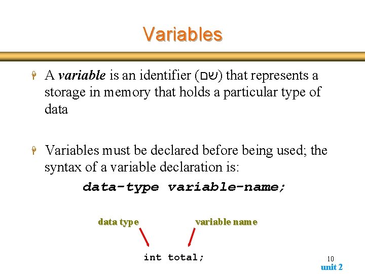 Variables H A variable is an identifier ( )שם that represents a storage in Variables H A variable is an identifier ( )שם that represents a storage in