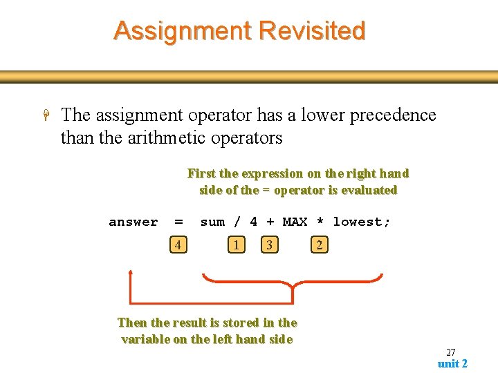 Assignment Revisited H The assignment operator has a lower precedence than the arithmetic operators Assignment Revisited H The assignment operator has a lower precedence than the arithmetic operators