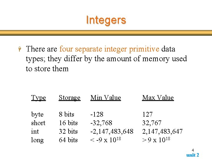 Integers H There are four separate integer primitive data types; they differ by the Integers H There are four separate integer primitive data types; they differ by the