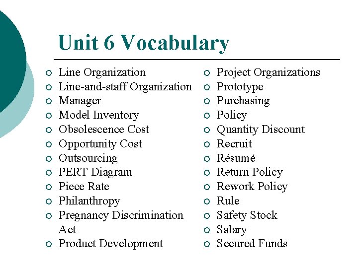 Unit 6 Vocabulary ¡ ¡ ¡ Line Organization Line-and-staff Organization Manager Model Inventory Obsolescence