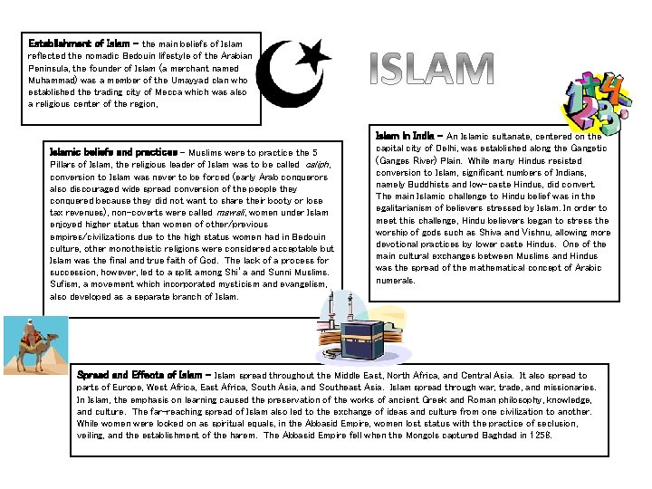Establishment of Islam – the main beliefs of Islam reflected the nomadic Bedouin lifestyle