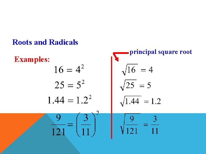 Roots and Radicals Examples: principal square root 