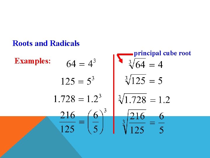 Roots and Radicals Examples: principal cube root 