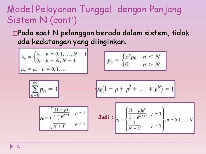 Model Pelayanan Tunggal dengan Panjang Sistem N (cont’) �Pada saat N pelanggan berada dalam