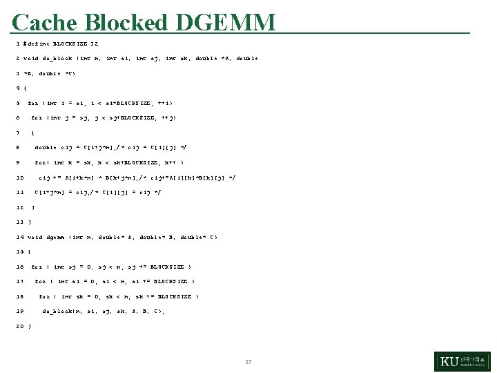 Cache Blocked DGEMM 1 #define BLOCKSIZE 32 2 void do_block (int n, int si,
