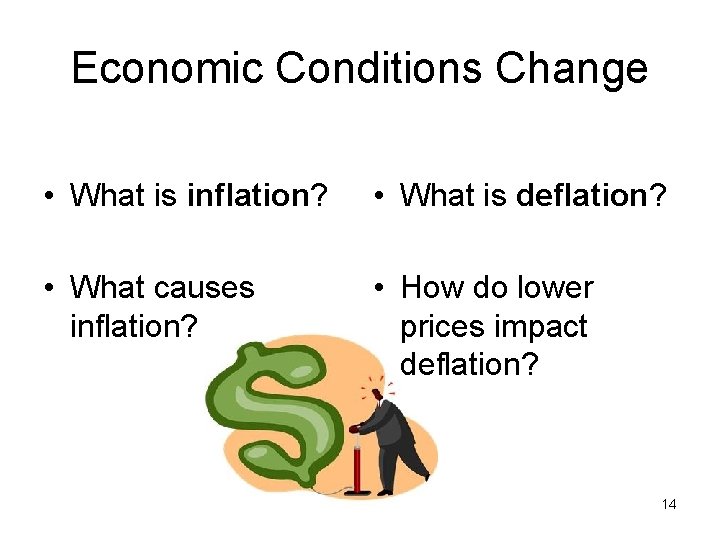 Economic Conditions Change • What is inflation? • What is deflation? • What causes