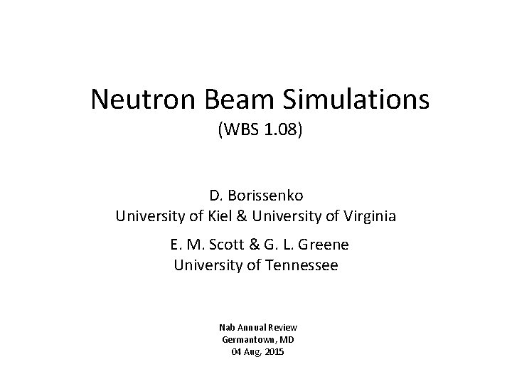 Neutron Beam Simulations (WBS 1. 08) D. Borissenko University of Kiel & University of