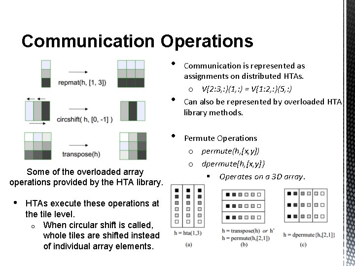 Communication Operations • • • Some of the overloaded array operations provided by the