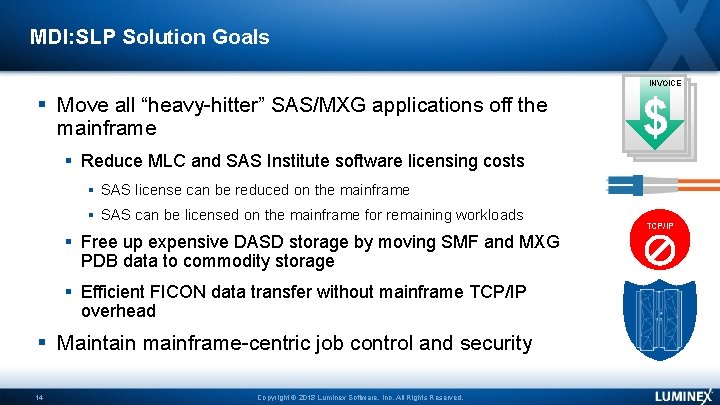 MDI: SLP Solution Goals INVOICE Move all “heavy-hitter” SAS/MXG applications off the mainframe $