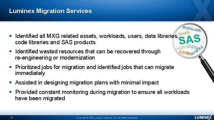 Luminex Migration Services worklo ads assets Identified all MXG related assets, workloads, users, data