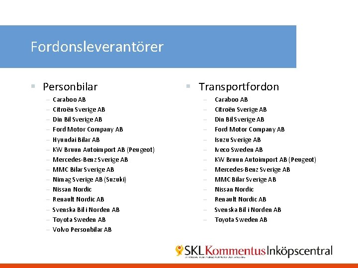 Fordonsleverantörer § Personbilar – – – – Caraboo AB Citroën Sverige AB Din Bil