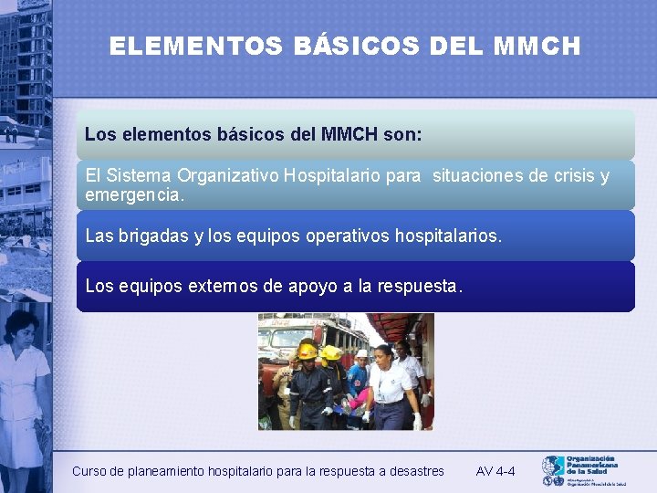 ELEMENTOS BÁSICOS DEL MMCH Los elementos básicos del MMCH son: El Sistema Organizativo Hospitalario