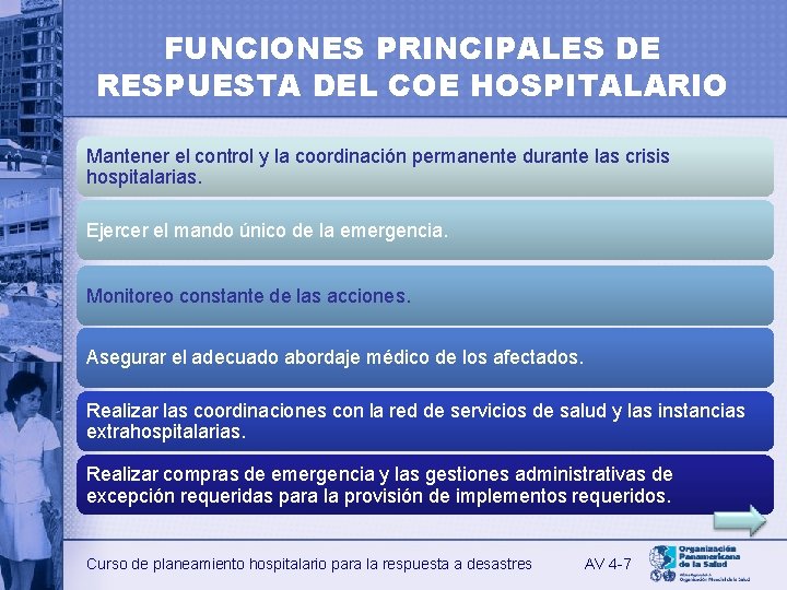 FUNCIONES PRINCIPALES DE RESPUESTA DEL COE HOSPITALARIO Mantener el control y la coordinación permanente