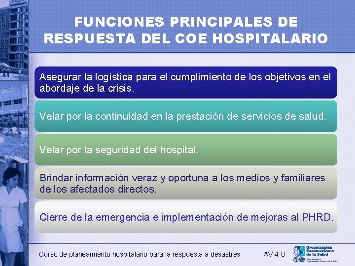 FUNCIONES PRINCIPALES DE RESPUESTA DEL COE HOSPITALARIO Asegurar la logística para el cumplimiento de