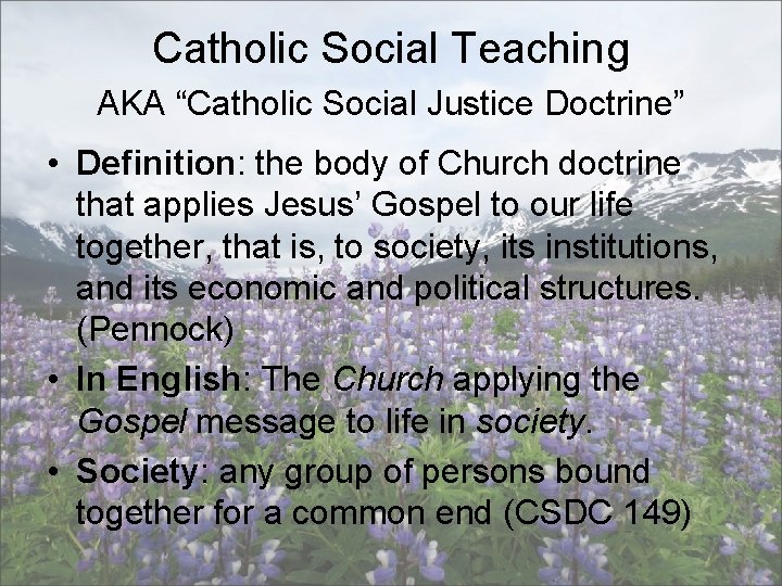 Catholic Social Teaching AKA “Catholic Social Justice Doctrine” • Definition: the body of Church