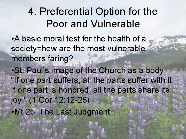 4. Preferential Option for the Poor and Vulnerable • A basic moral test for