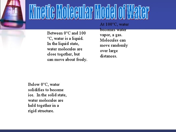Between 0°C and 100 °C, water is a liquid. In the liquid state, water