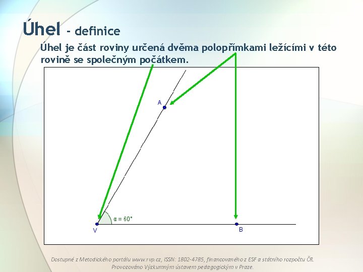 Úhel - definice Úhel je část roviny určená dvěma polopřímkami ležícími v této rovině