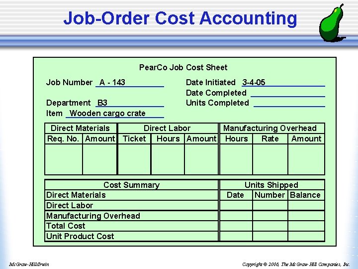 Job-Order Cost Accounting Pear. Co Job Cost Sheet Job Number A - 143 Department