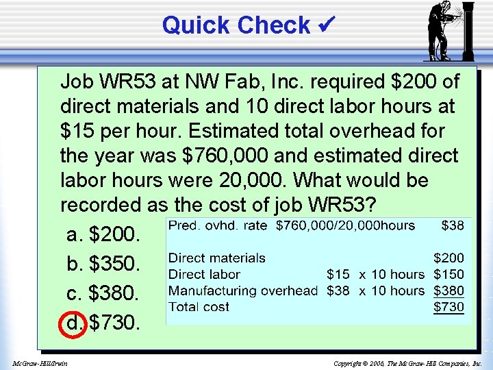 Quick Check Job WR 53 at NW Fab, Inc. required $200 of direct materials